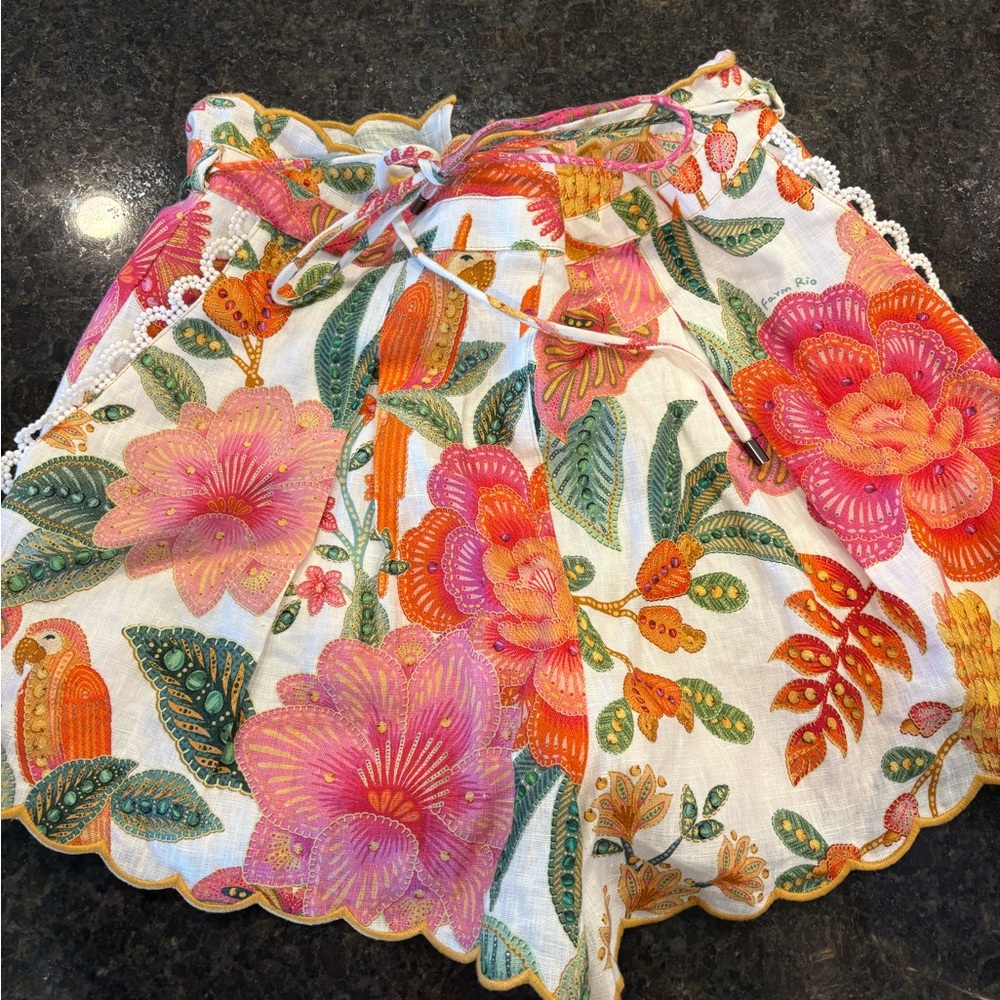 FARM Rio White High-Waist Floral Shorts with Pink Orange Green Accents